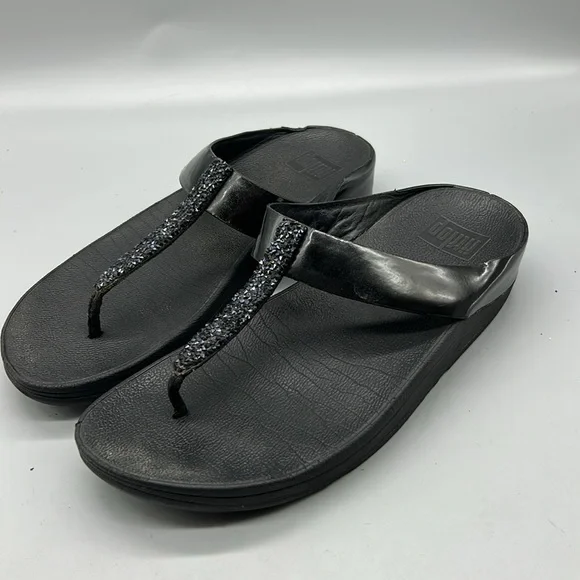 Womens Fit Flop Finos Glitzy Flip Flop Wedge Sandal Black 8 - Picture 2 of 7
